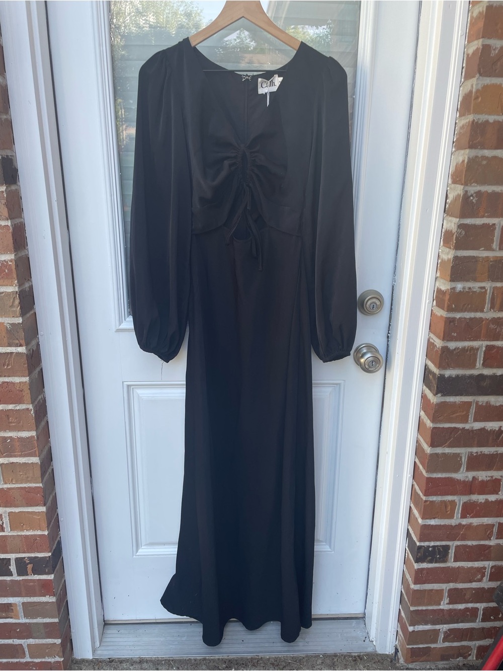 Calli The Label Long Black Ruched-Front Maxi Dress with Balloon Sleeves